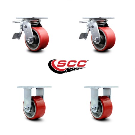 Service Caster 4 Inch Red Poly on Cast Iron Caster Set with Roller Bearings 2 Brakes 2 Rigid SCC-TTL30S420-PUR-RS-2-R-2